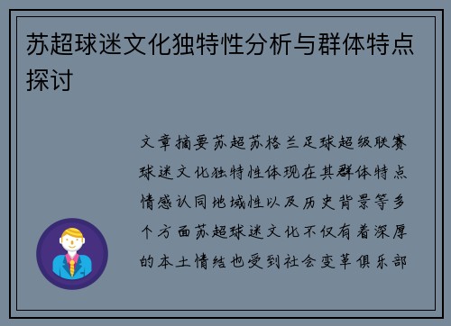 苏超球迷文化独特性分析与群体特点探讨